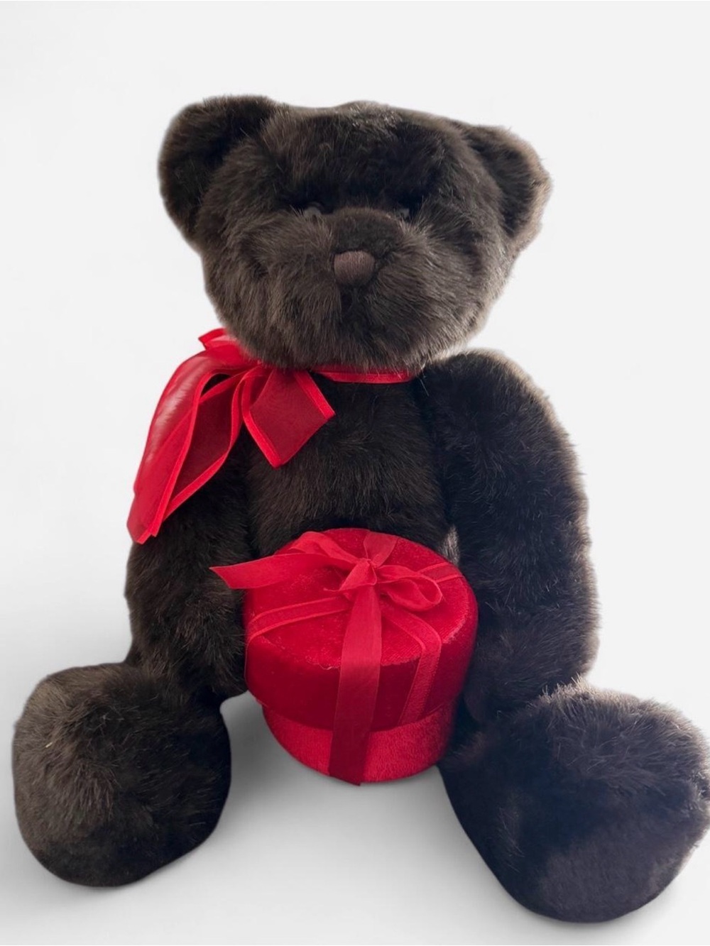 Gund Plush Dark Brown Teddy Bear with Red Ribbon and Red Gift Box